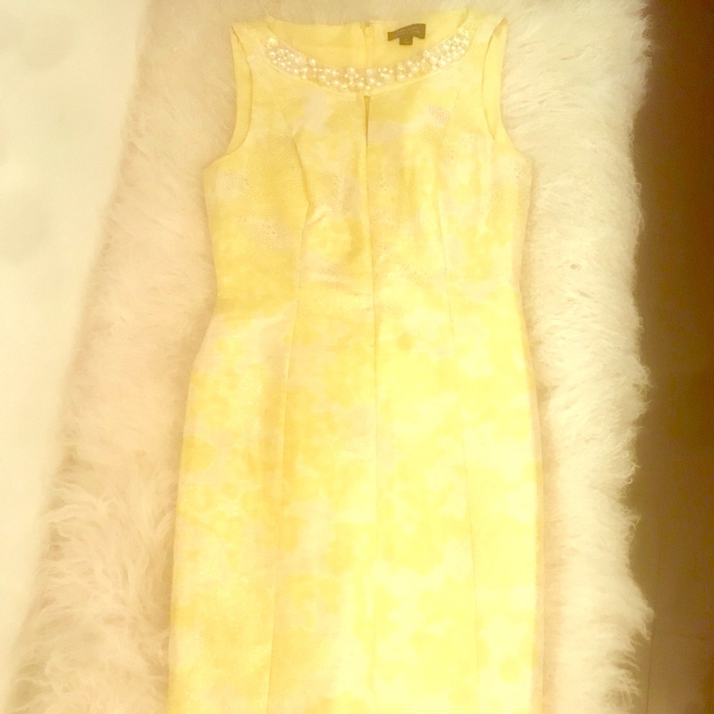 Tahari yellow metallic print pearl & beaded dress.